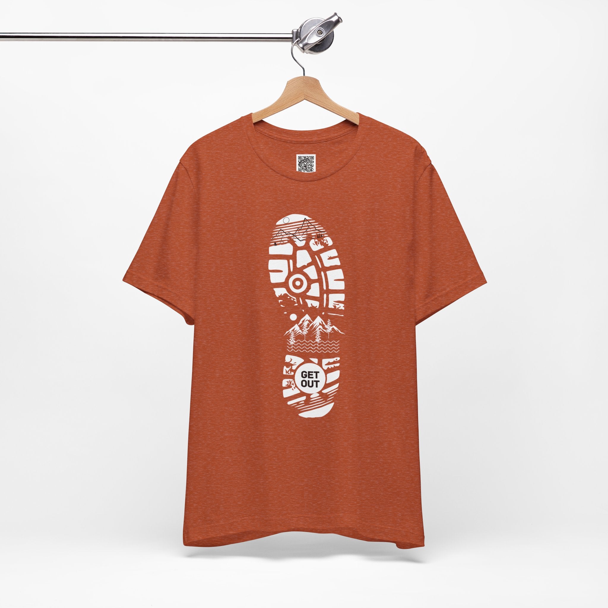 Get Out Hiking Bootprint T-Shirt – Outdoor Adventure Trail Tee with Mountain Wilderness Design