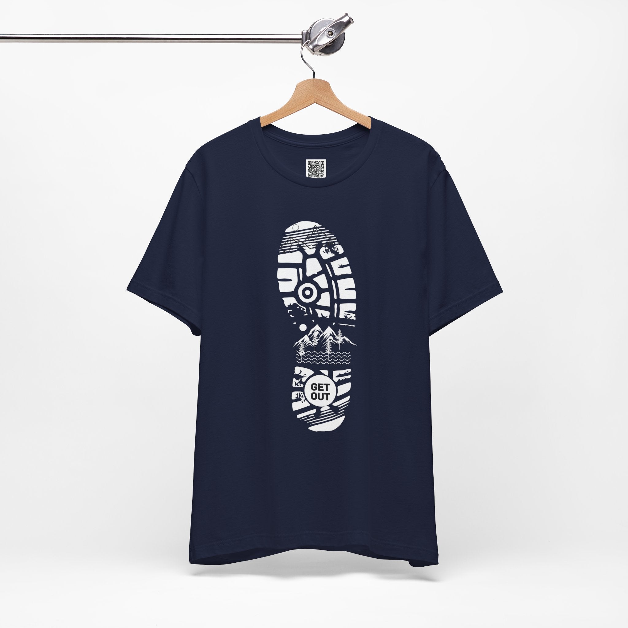 Get Out Hiking Bootprint T-Shirt – Outdoor Adventure Trail Tee with Mountain Wilderness Design