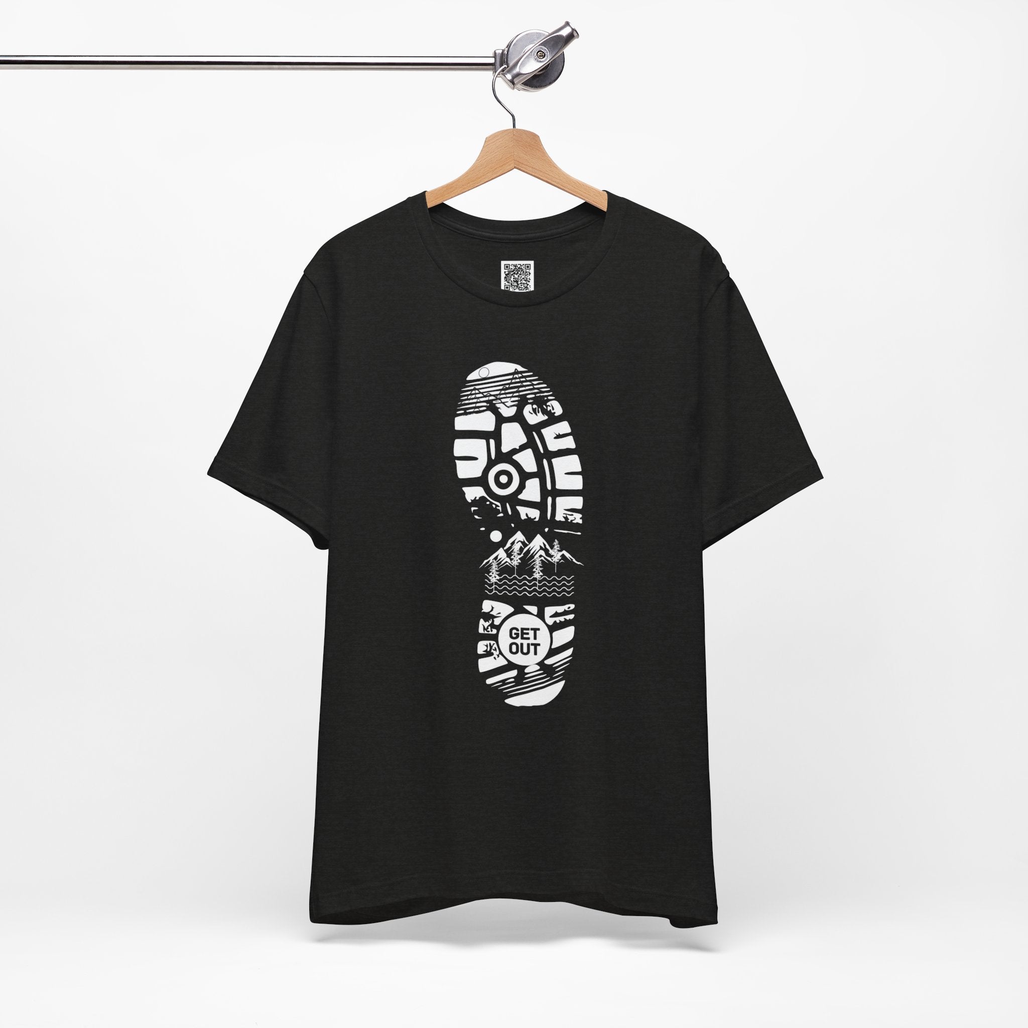 Get Out Hiking Bootprint T-Shirt – Outdoor Adventure Trail Tee with Mountain Wilderness Design