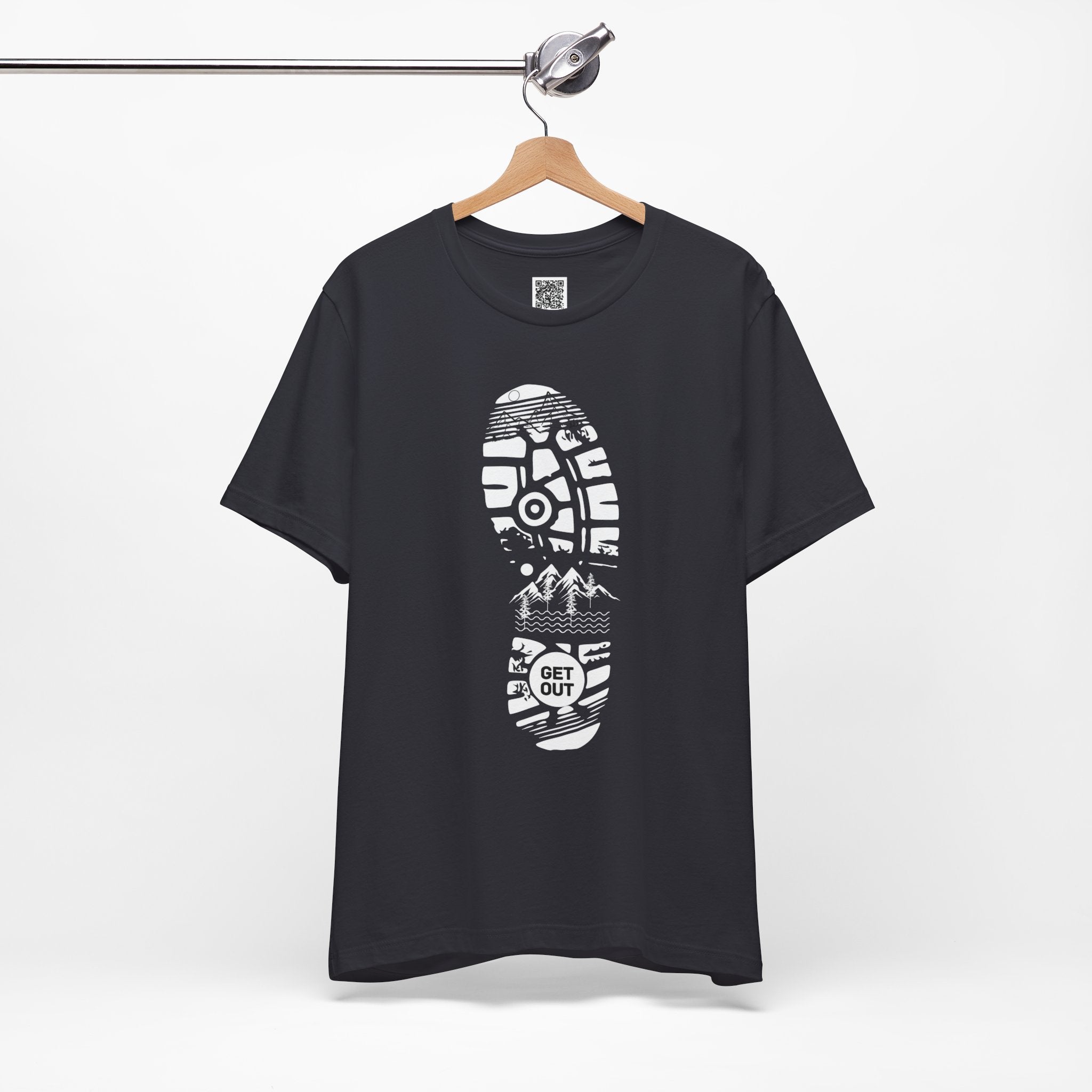 Get Out Hiking Bootprint T-Shirt – Outdoor Adventure Trail Tee with Mountain Wilderness Design
